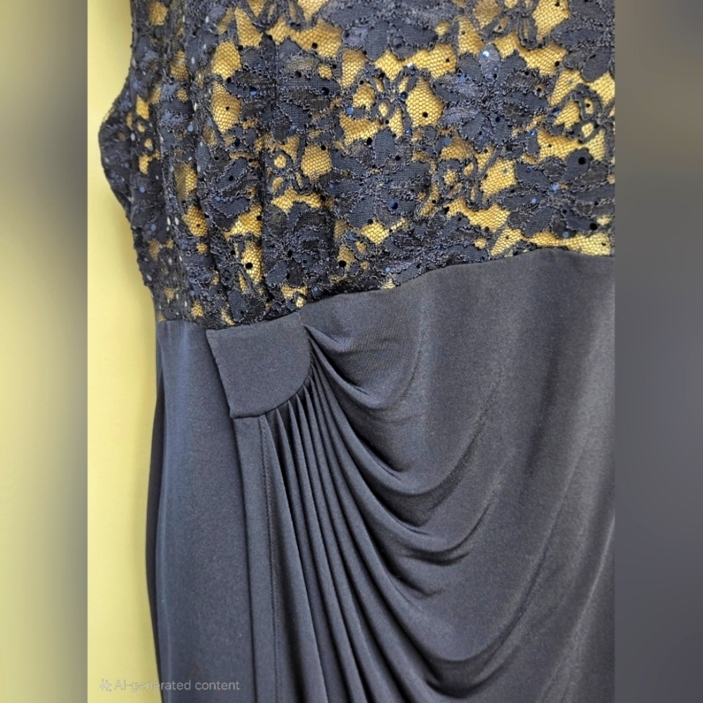 Connected 20W Blue Stretch Knit Dress Lace Floral Sequins Side Pleats Faux Wrap - Picture 6 of 6